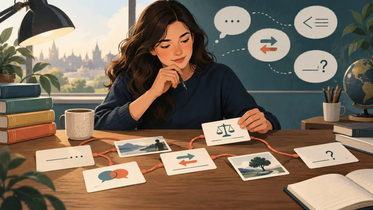 A learner connects passage cards, context clues, and precise word choices into one coherent route
