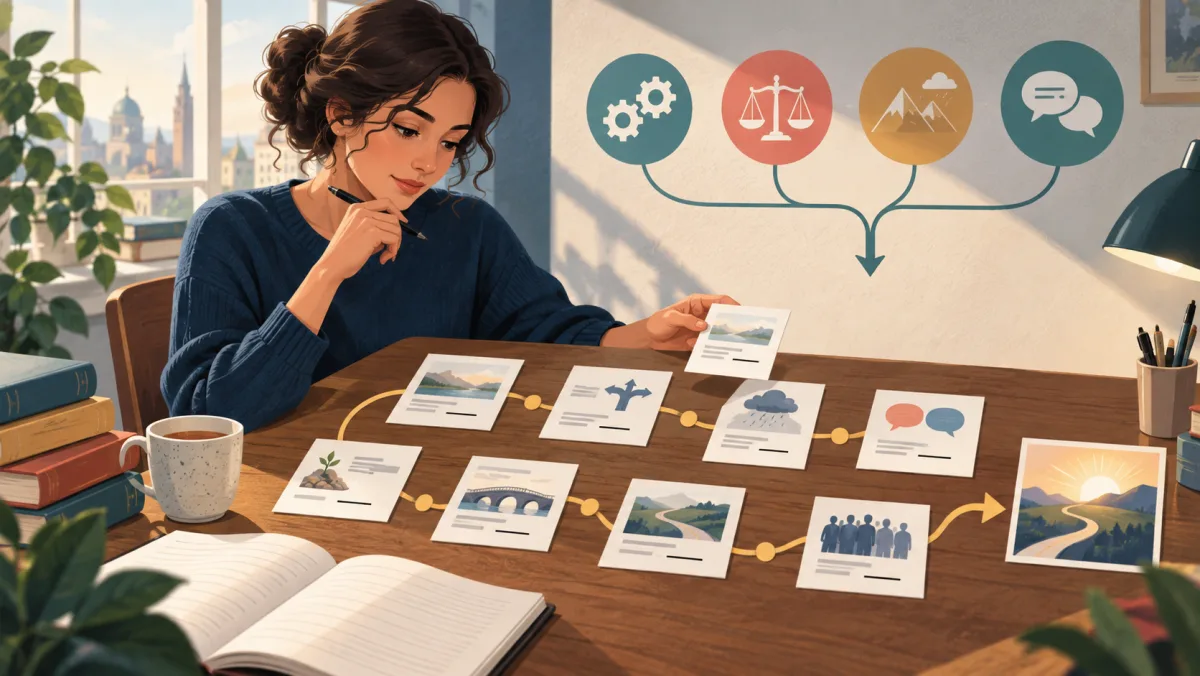 A learner connects passage cards, context clues, and precise word choices into one coherent route