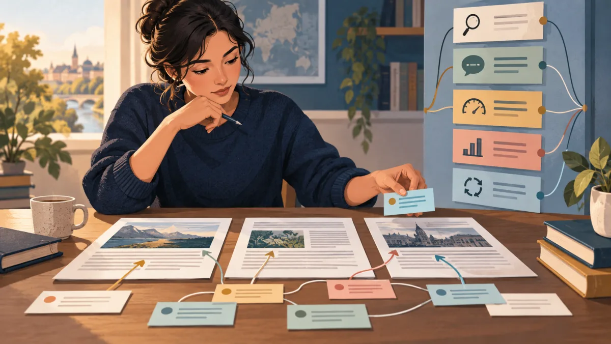 A learner connects passage cards, context clues, and precise word choices into one coherent route