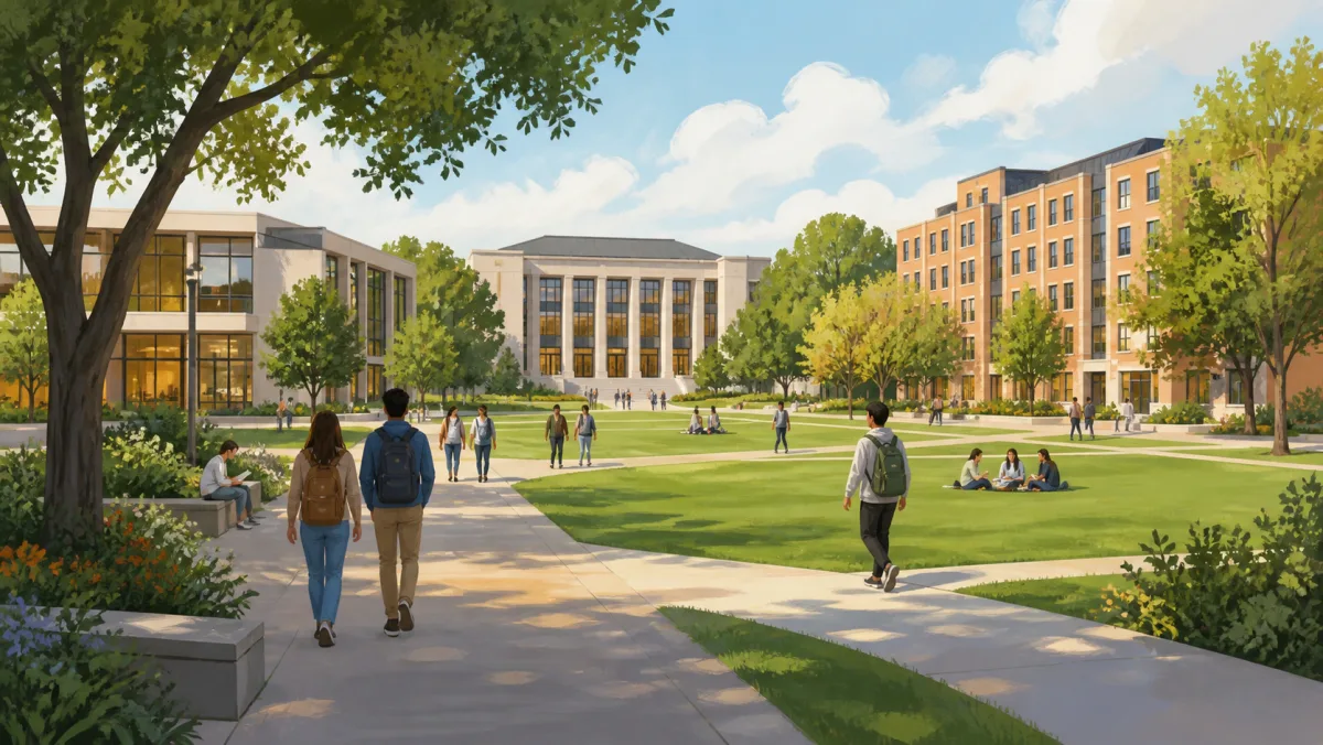 Students walking among generic academic buildings, a residence hall, and a green quadrangle