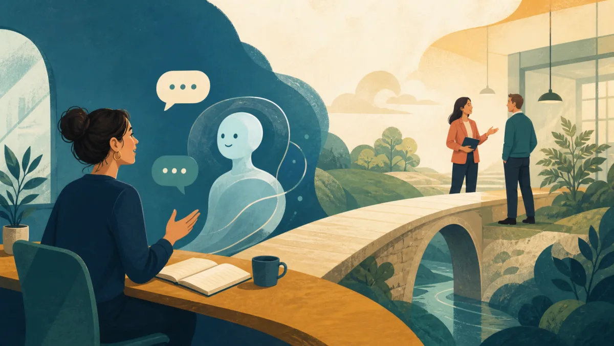 Professional practicing conversation with an abstract AI partner while a bridge leads toward a real workplace discussion