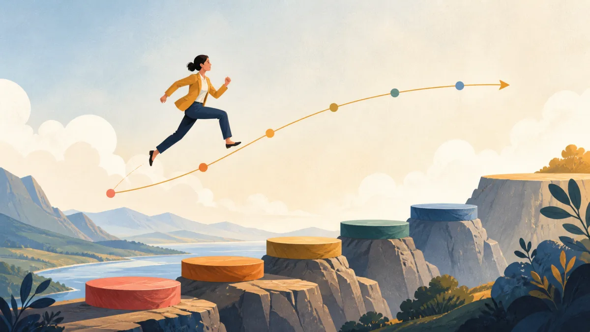 A professional advances along an upward arc above a sequence of career platforms