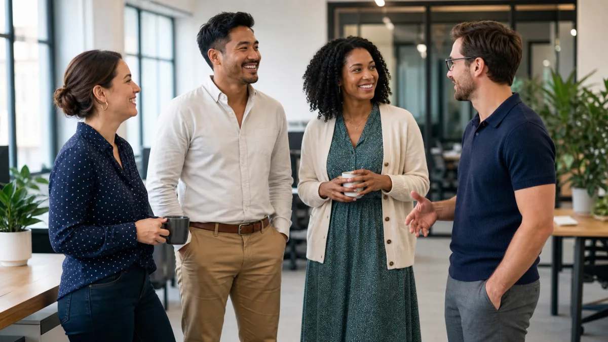 Four coworkers in varied polished casual outfits talking in a modern office