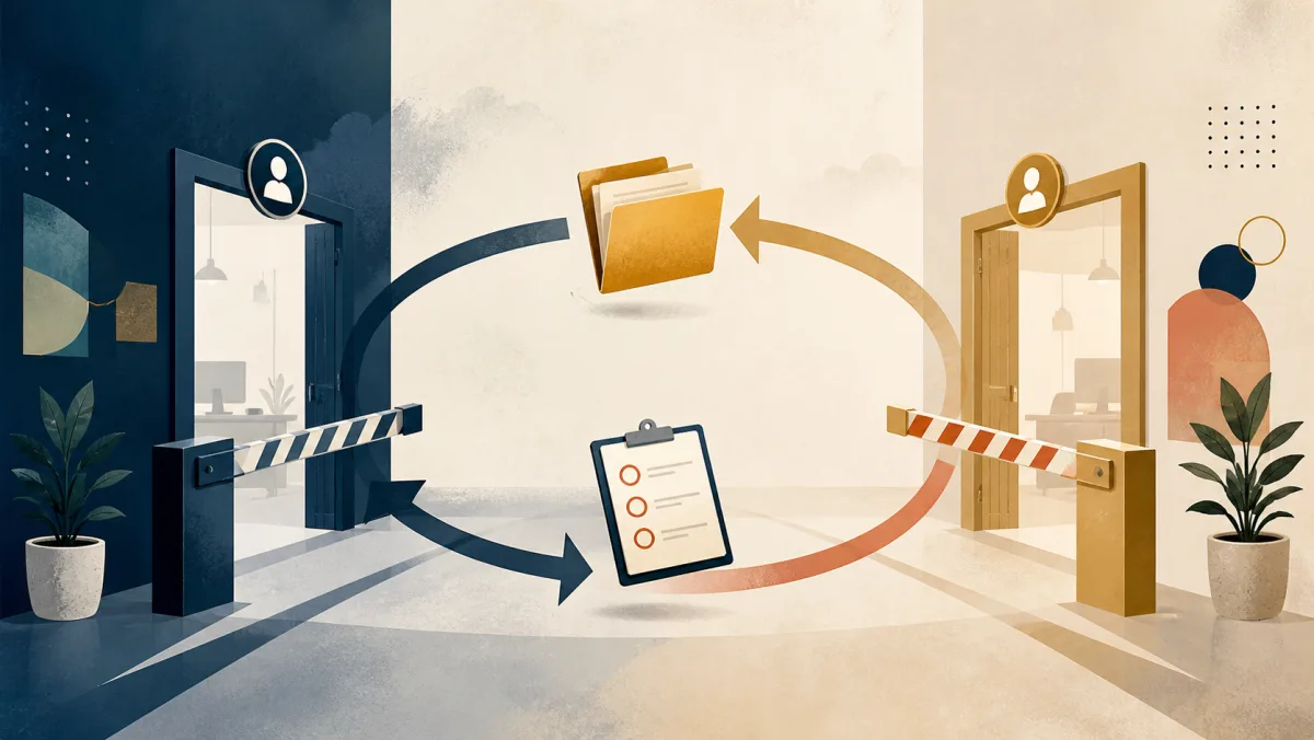 Two blocked office doorways connected by circular arrows, a folder, and a checklist