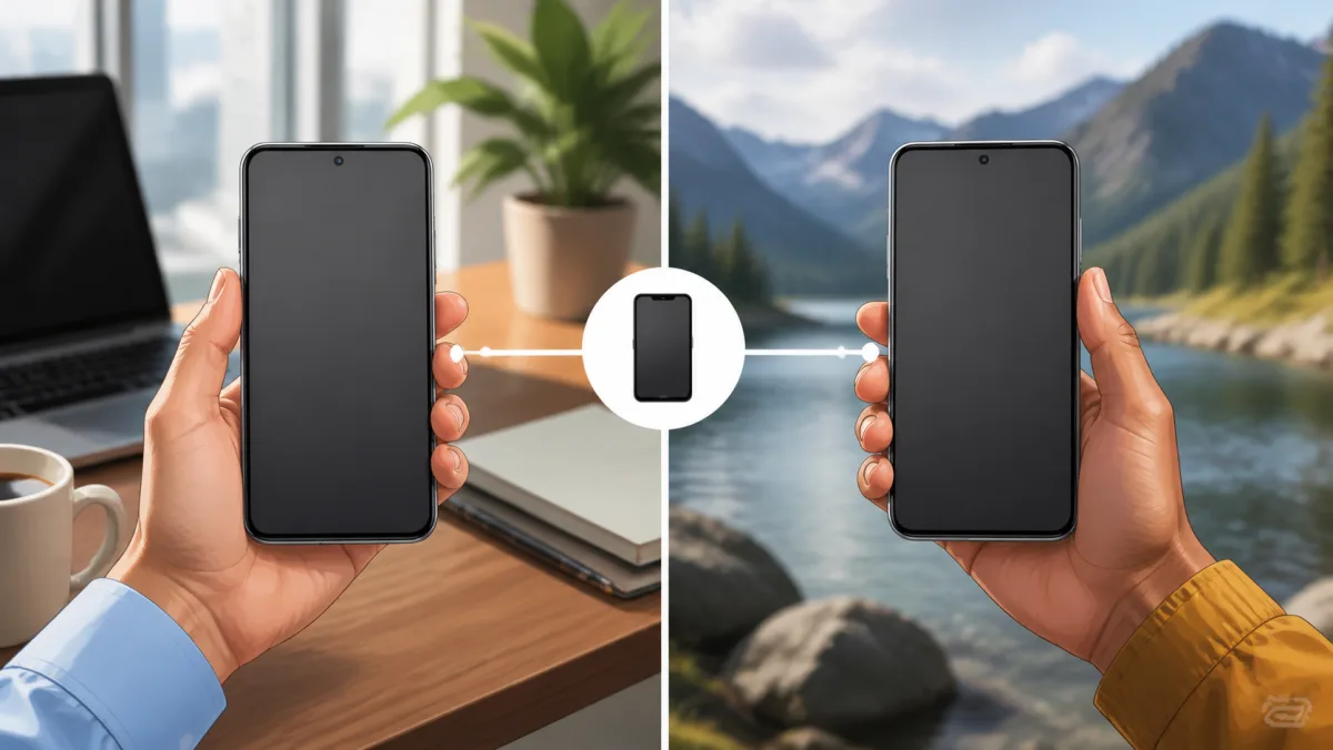 The same plain smartphone held in an office and in an outdoor mobile setting