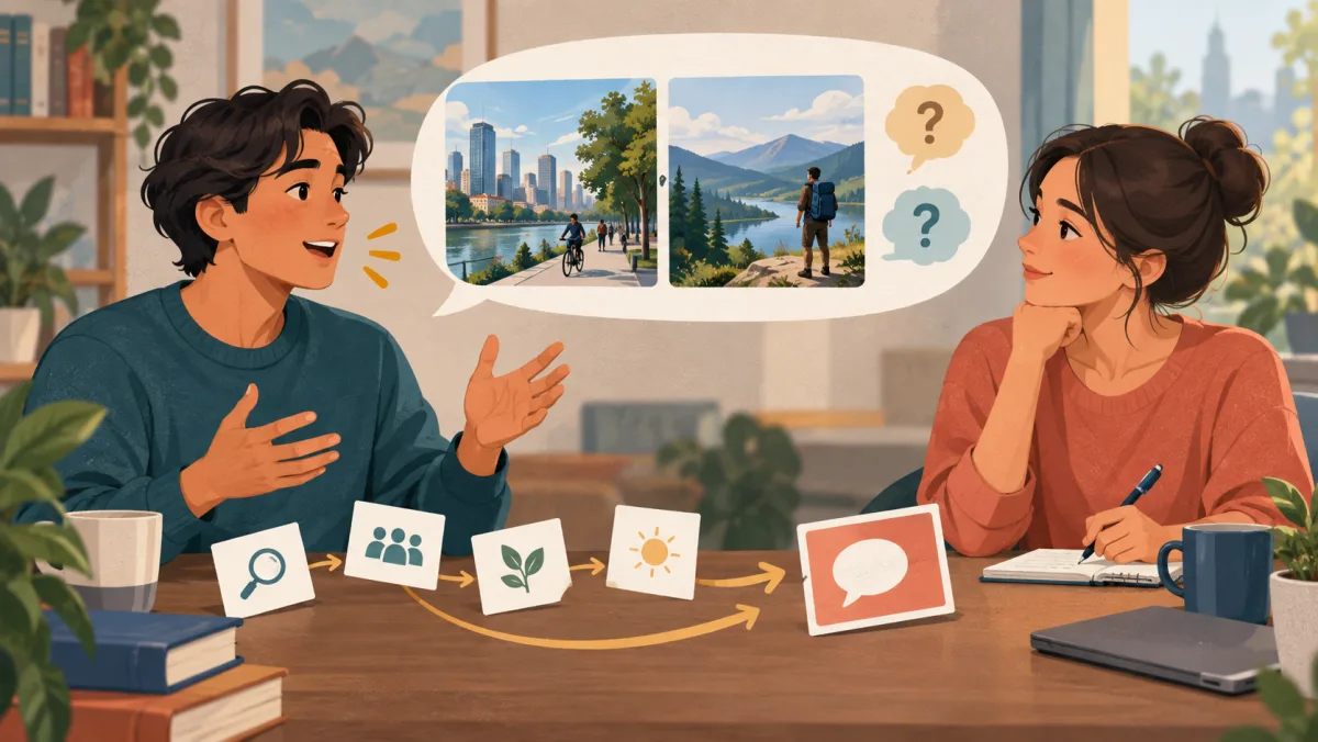 A learner practices with a partner as idea cards form one coherent spoken response