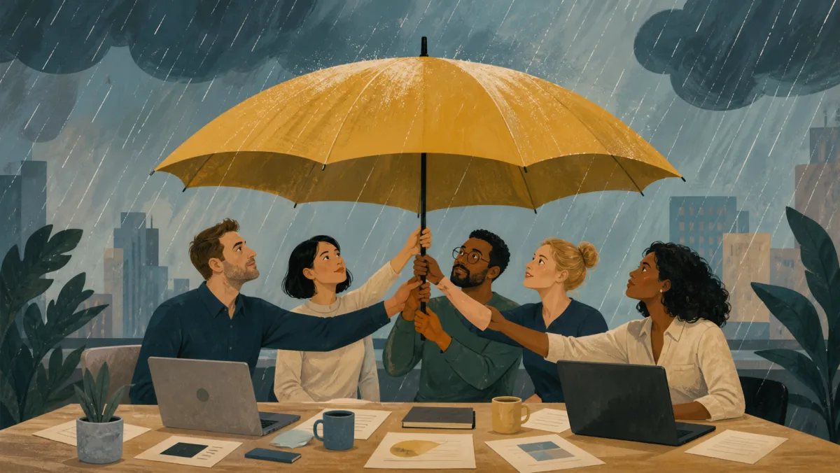 A workplace team jointly holding a large umbrella over project materials during a storm