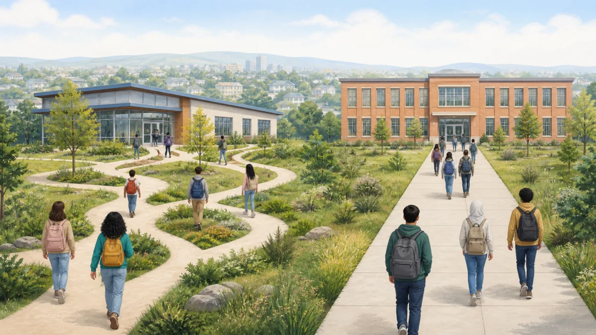 Students following varied and straight paths toward two generic public school buildings