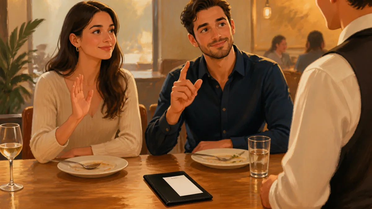Two restaurant diners politely requesting a blank payment slip from a server