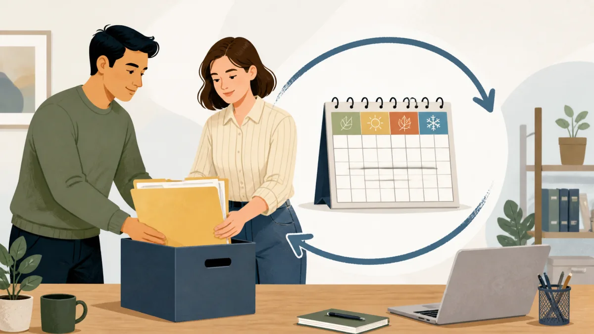 Coworkers storing a project folder as a circular arrow loops around a seasonal calendar