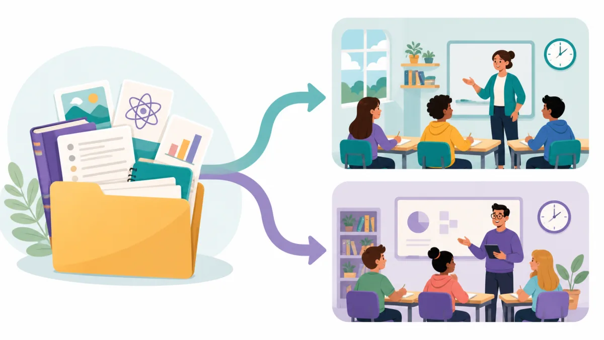 One folder of curriculum materials branching into two scheduled classroom meetings