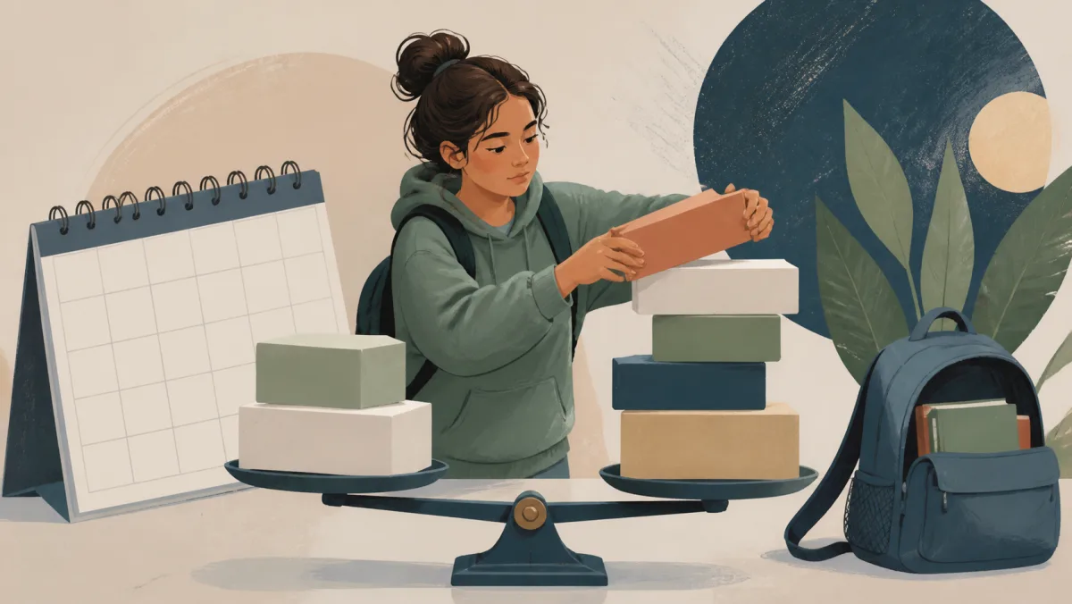 A student balancing differently sized course blocks beside a calendar and backpack
