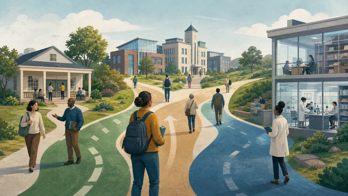 A student choosing among teaching, university, and advanced research campus paths