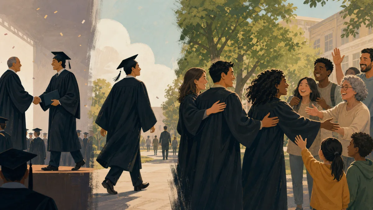 Graduates crossing a ceremony stage and greeting a returning campus community