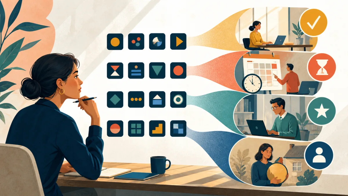 Professional decoding compact abstract shorthand symbols into clear workplace concepts