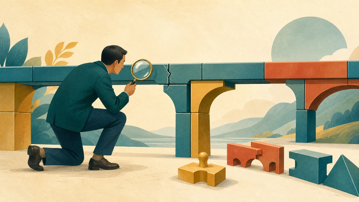 Professional inspects a hidden crack in an otherwise orderly modular bridge
