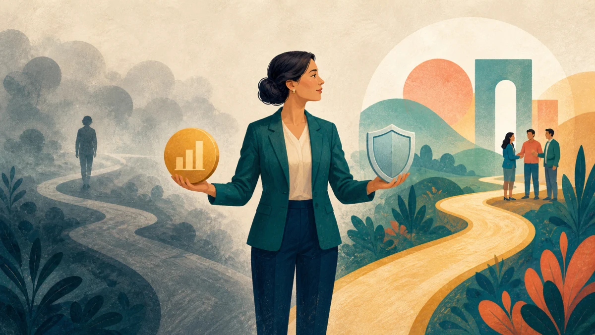 Professional balances evidence with an uncertainty shield beside a foggy evasive path