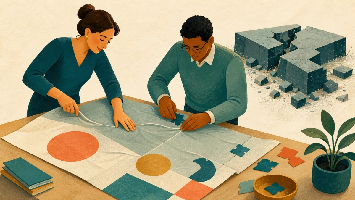 Colleagues smooth small wrinkles and connect pieces in an almost-finished project