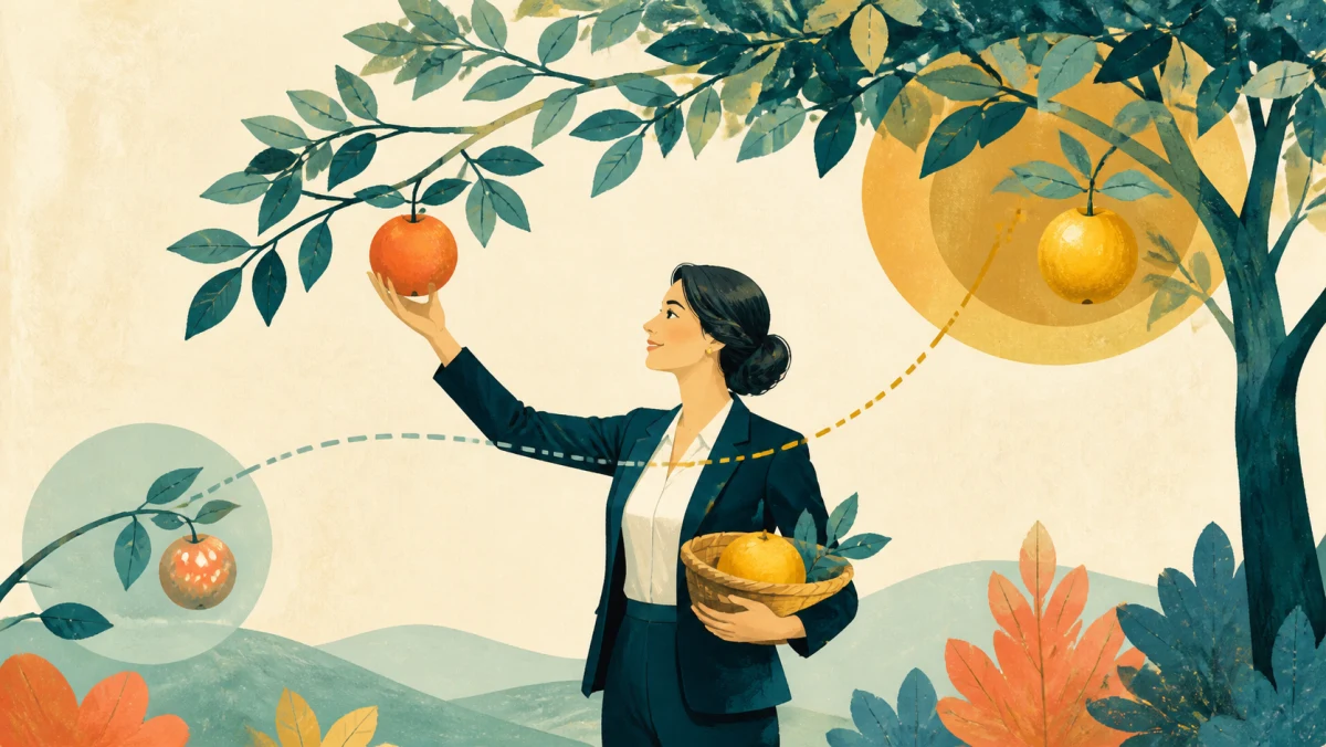 Professional selects an easy-to-reach valuable fruit among less useful options