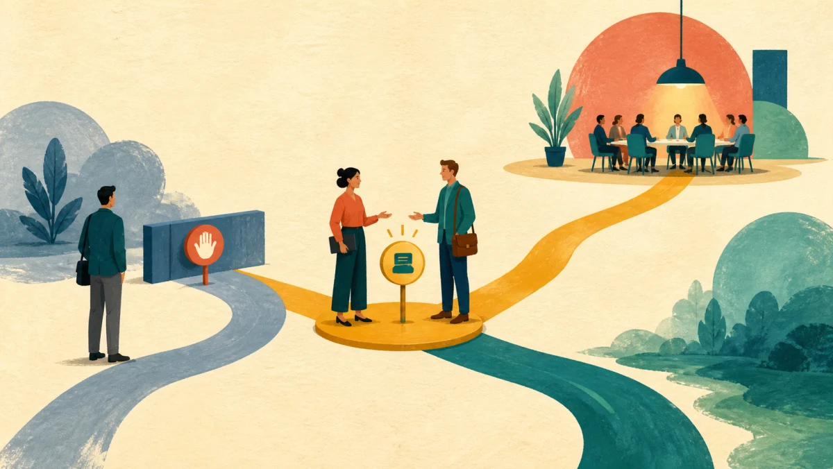 Two colleagues briefly reconnect at a clear shared checkpoint