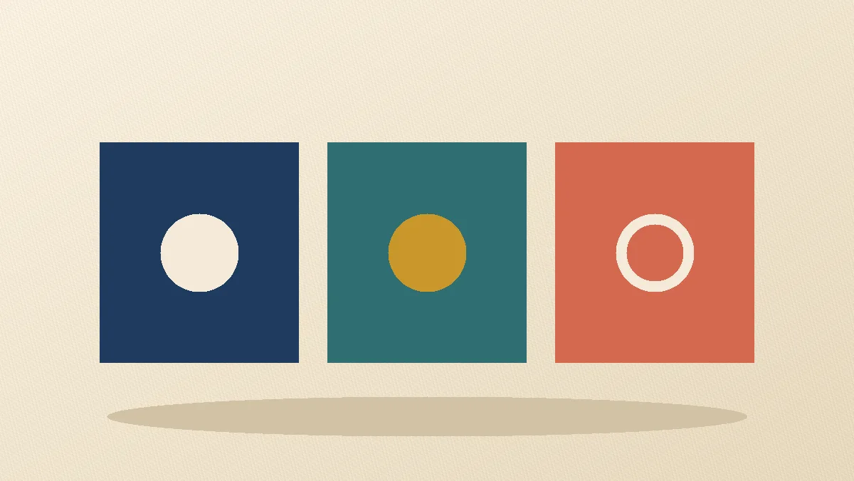 Three navy, teal, and coral rounded panels with two solid circles, one dashed circle, and a gold arc above