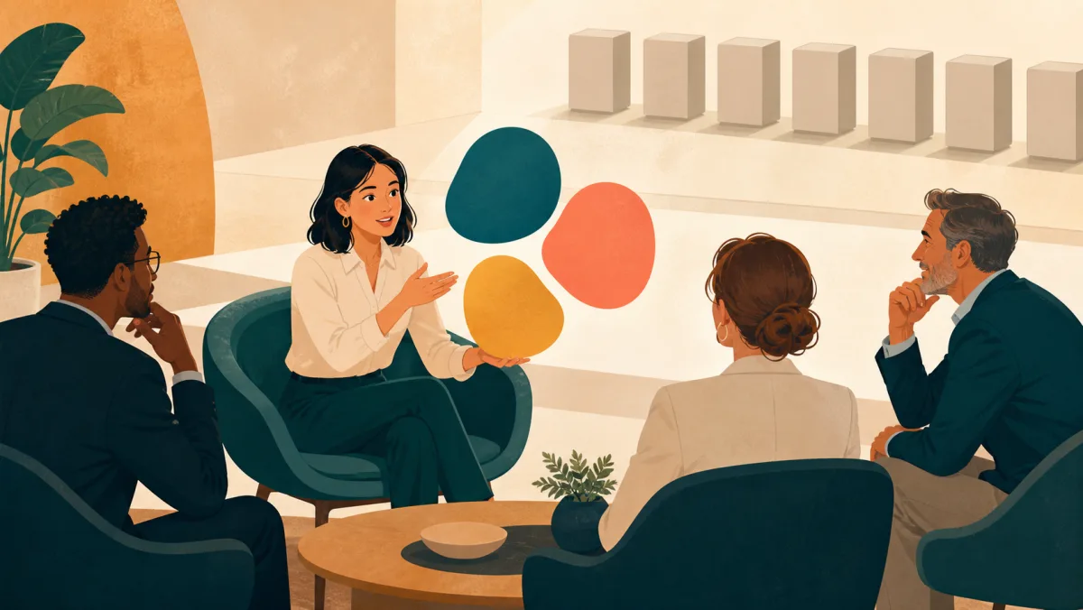 A poised interview candidate flexibly explains ideas with three blank shapes while rigid blocks remain unused