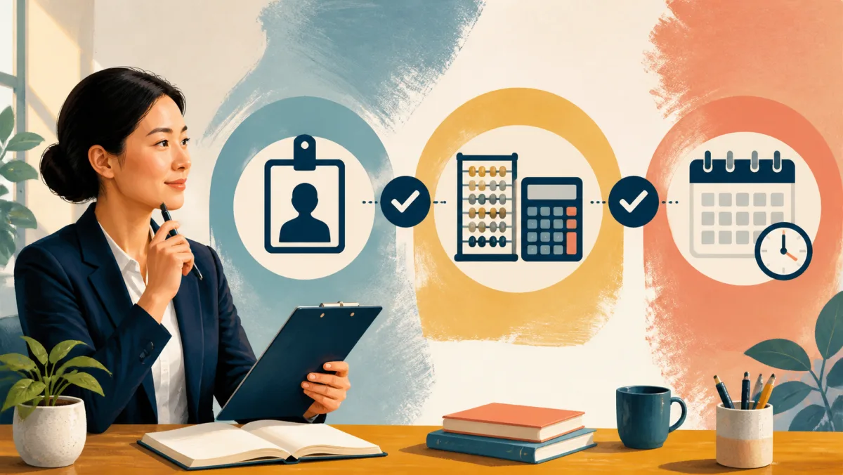 Professional verifying an identity badge, quantities, calendar date, and meeting time