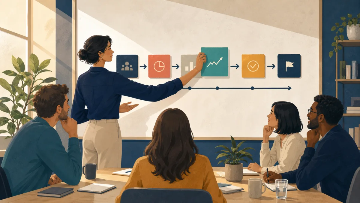 A presenter calmly replaces one inaccurate step in a workplace explanation while colleagues listen