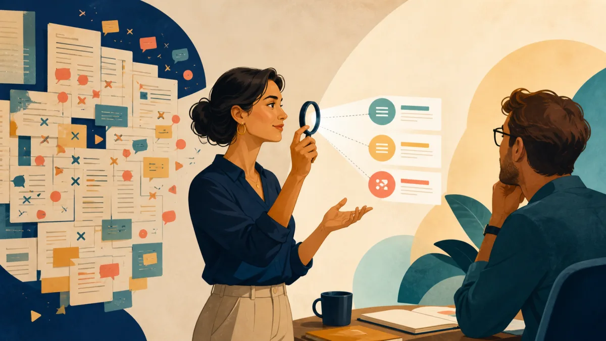 A speaker narrows many correction marks to a few priority improvements during a conversation
