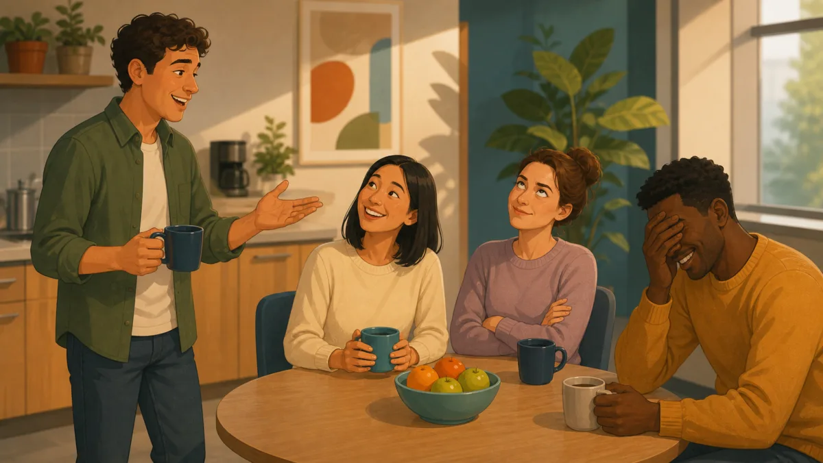 A coworker telling a harmless joke as colleagues smile, roll their eyes, and groan playfully