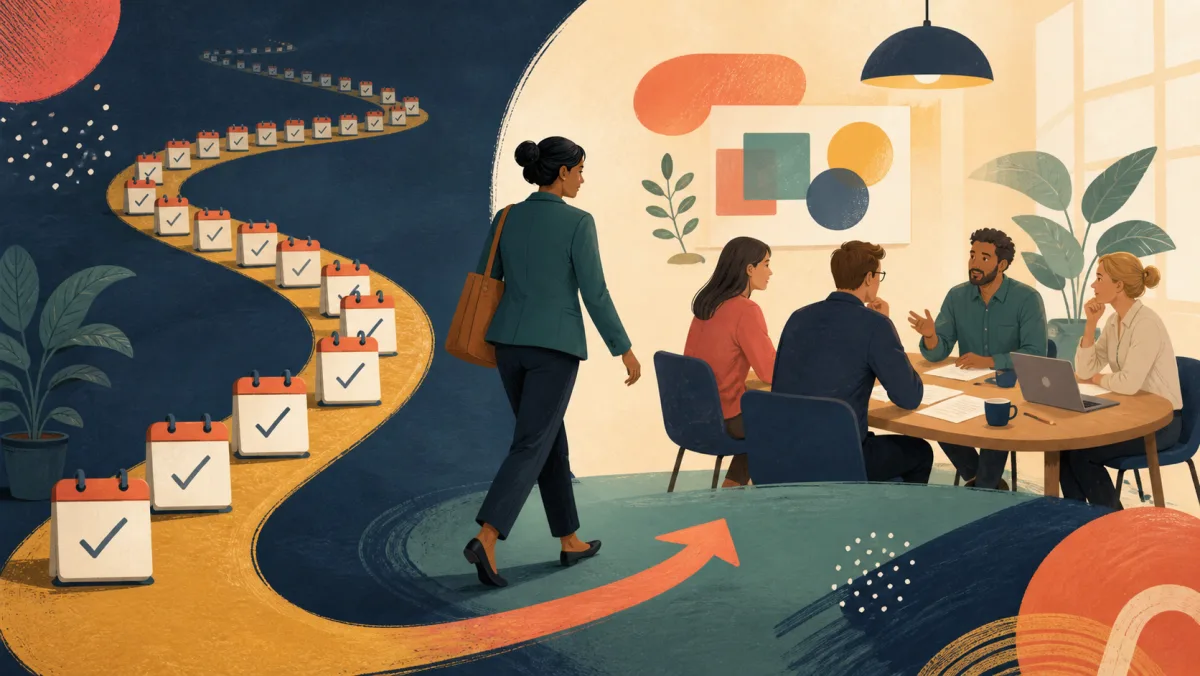 A long path of daily calendar checkmarks leads toward an active workplace meeting