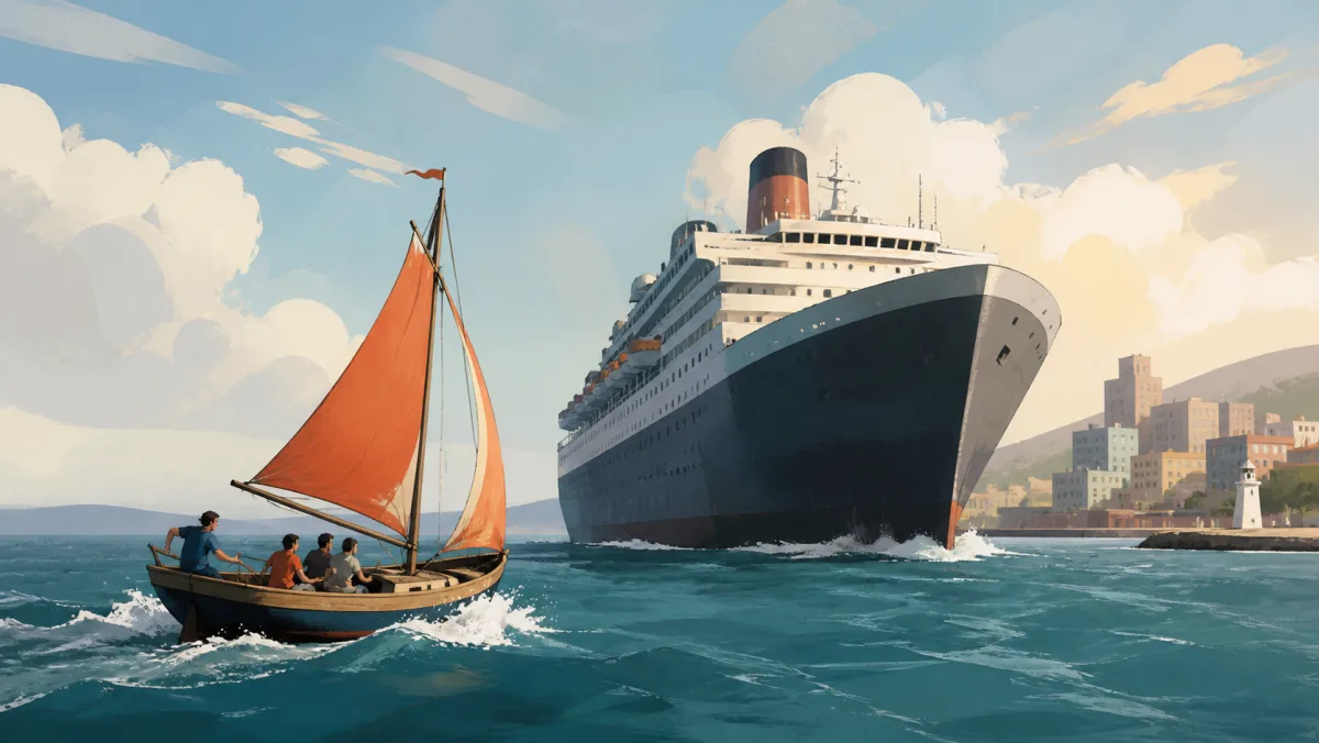 A small agile sailboat navigating alongside a much larger ocean liner