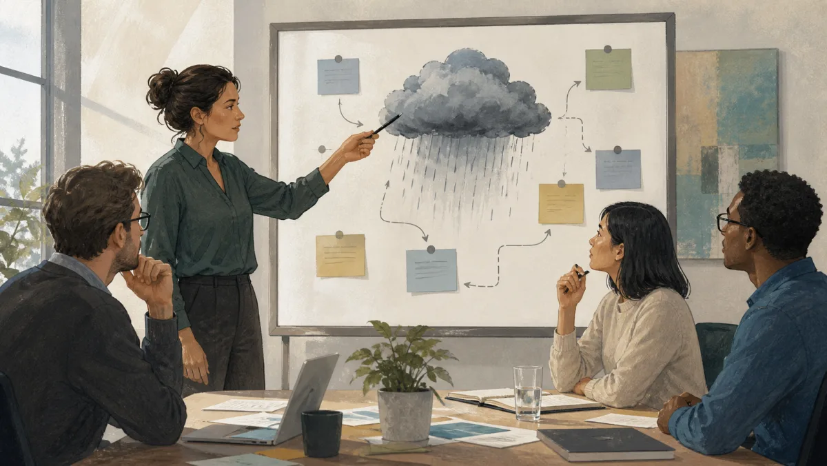 A coworker pointing out a rain-cloud risk during a team planning discussion