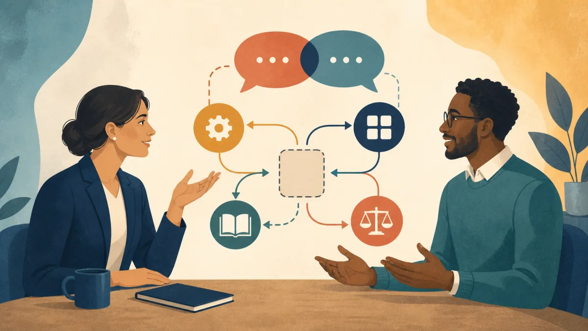 Professional navigating around a missing word through examples, function, category, and contrast to keep a conversation moving