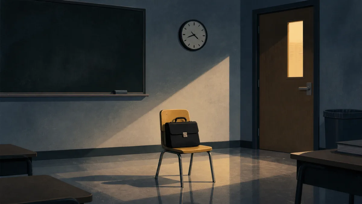 An empty after-hours classroom with a briefcase resting on a single chair