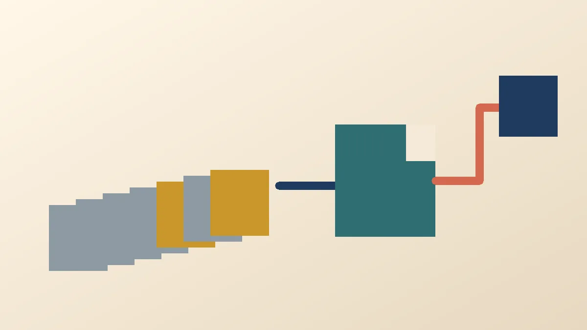 A stack of small finding cards narrows to two highlighted cards, one limited by a notch and one pointing to a higher decision card