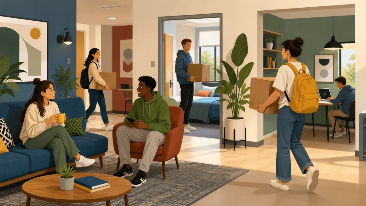 Students moving boxes into a shared residence with bedrooms, a lounge, and study area