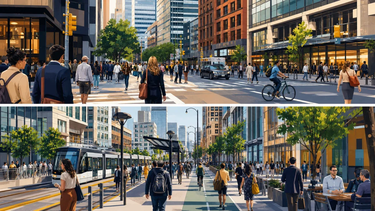 Two views of a busy central urban district with offices, transit, shops, and pedestrians