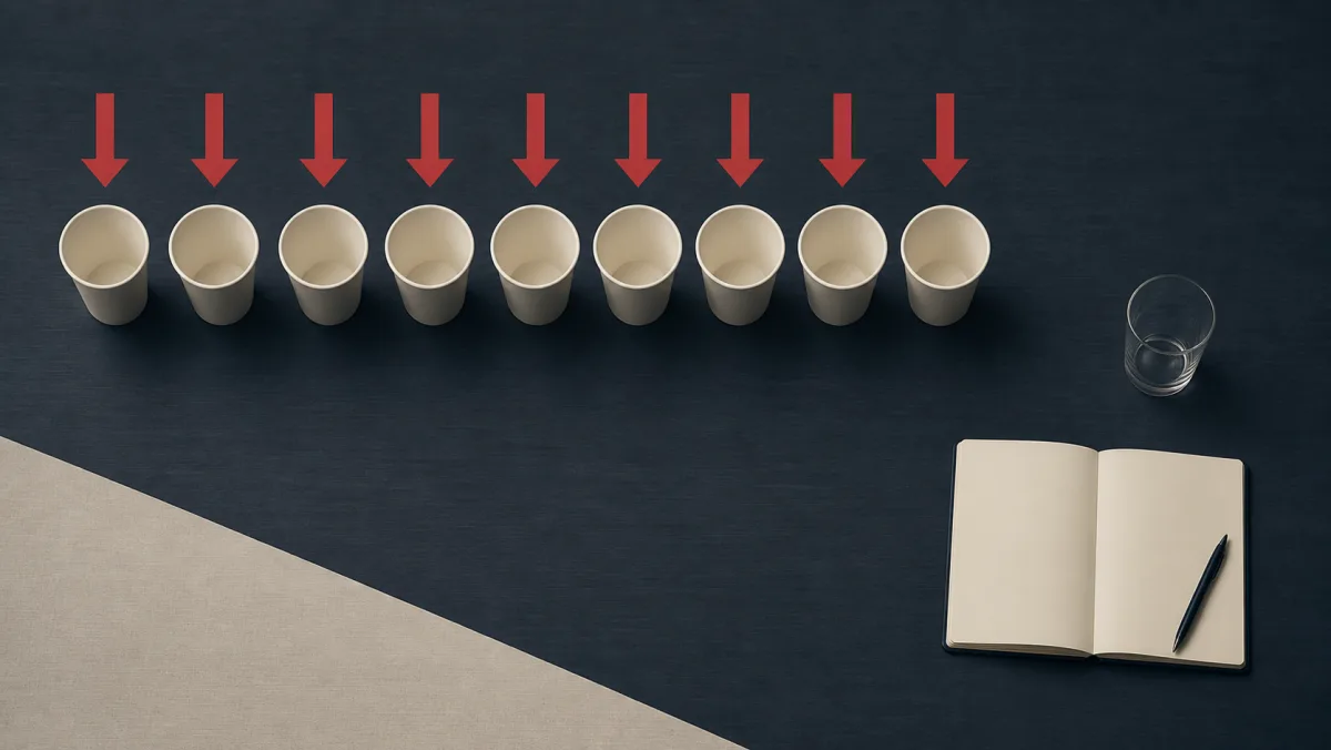 A row of identical plain cups beneath matching arrows with one separate glass and notebook