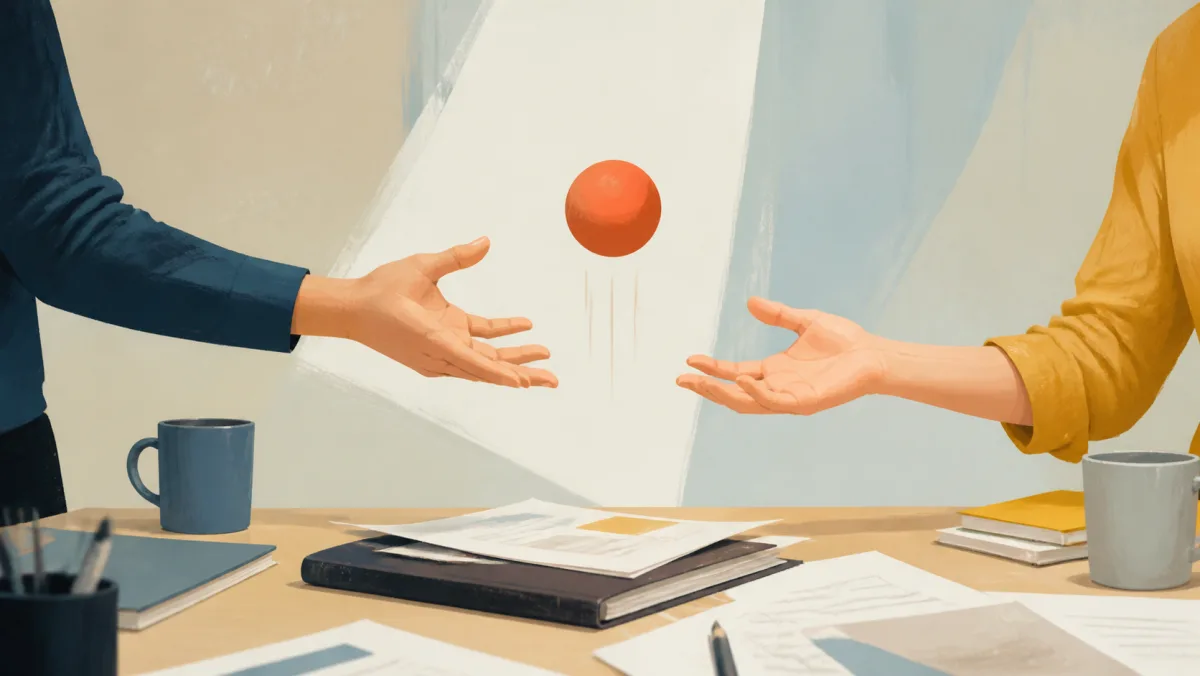 A plain orange ball slipping between two coworkers during a project handoff