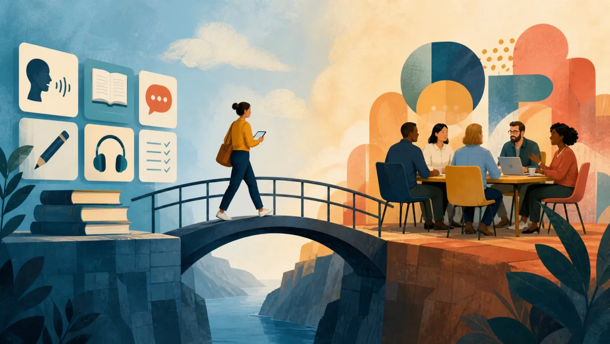 Learner moving from structured mobile language exercises toward an unpredictable professional meeting