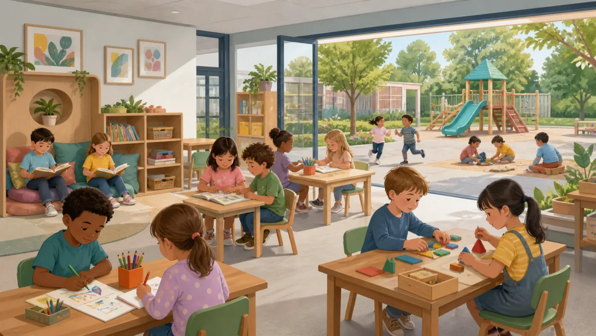 Young students reading, creating, and playing in a generic early-years school