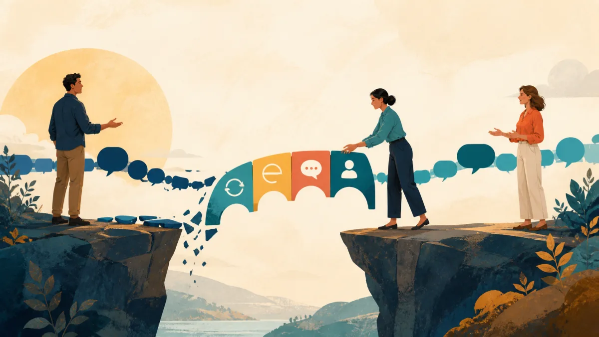 Professionals rebuild a broken speech path with four colorful communication bridges