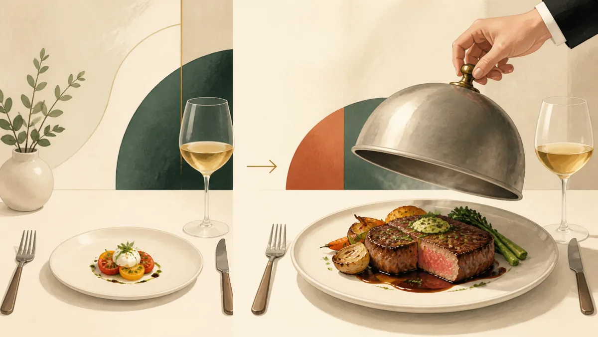 A small starter plate followed by a larger main dish under a serving dome
