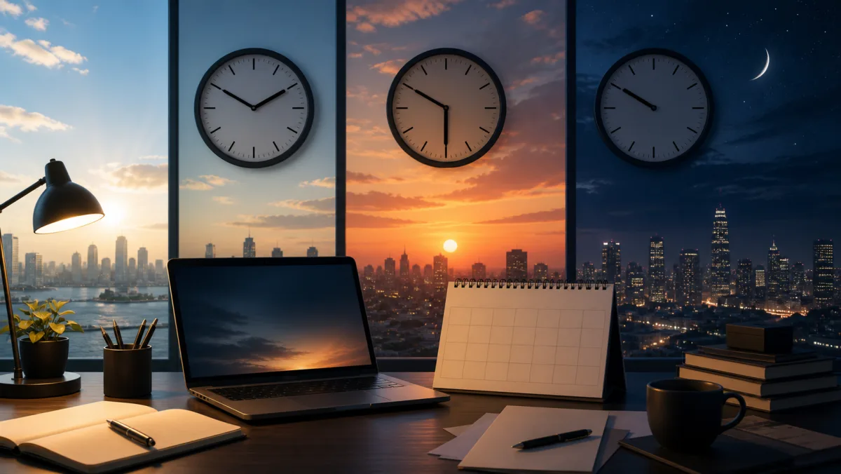 A work desk with three clocks against afternoon, sunset, and nighttime city views