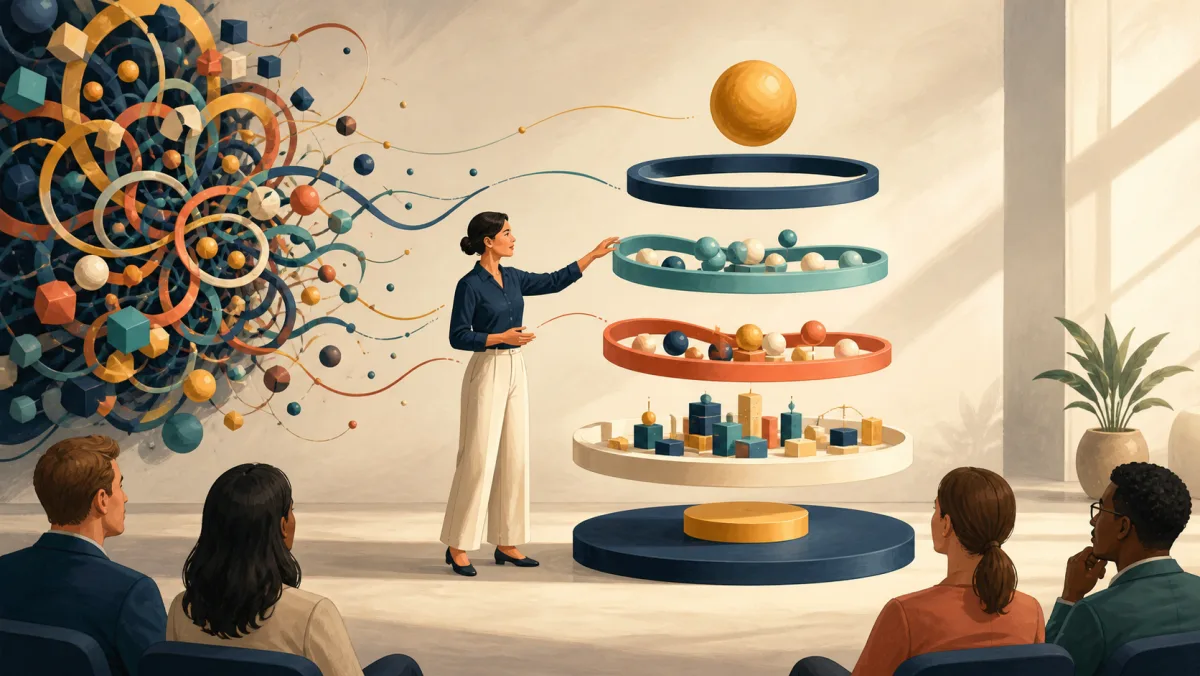 A presenter organizes a dense cluster of abstract components into clear layered rings and a concrete model