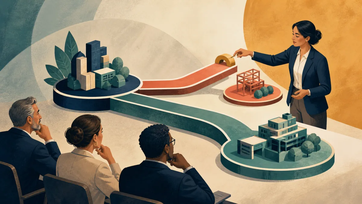 A presenter compares two project routes and places a connector on one recommended path before leadership