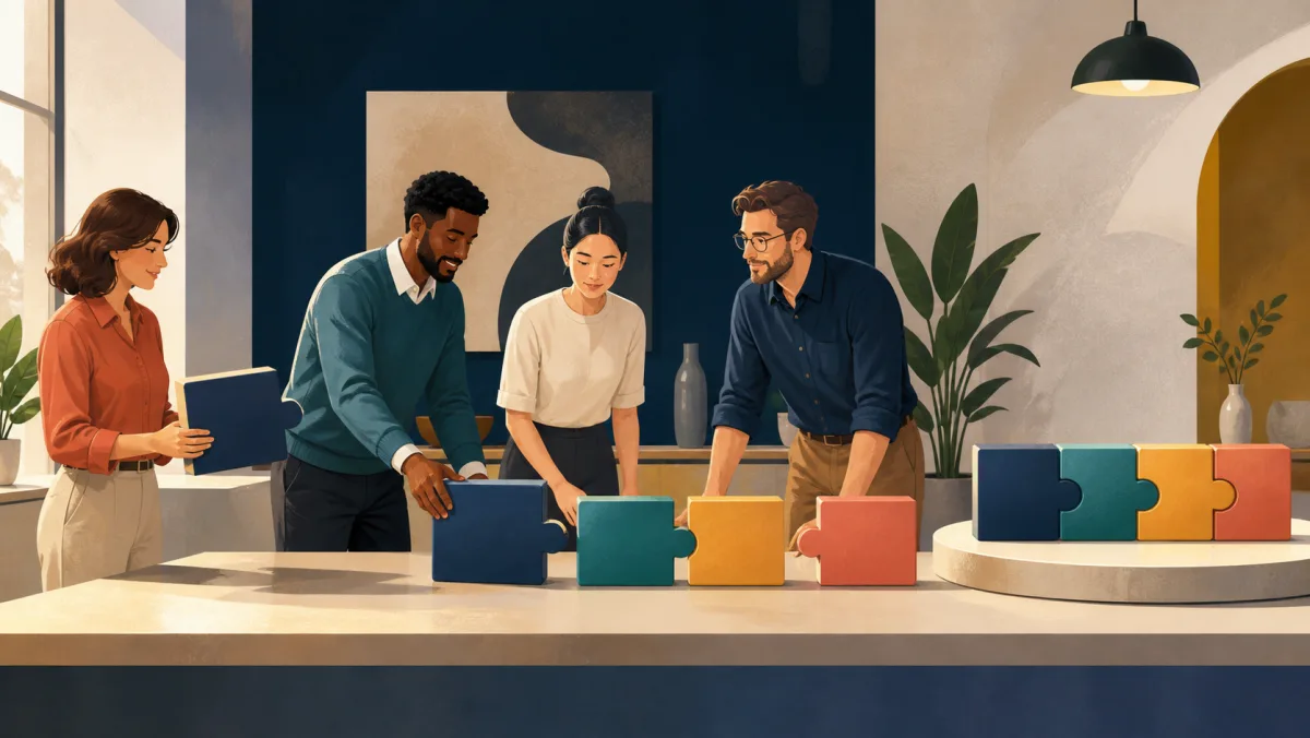 A client and delivery team assemble a sequence of connected project pieces leading to a completed platform