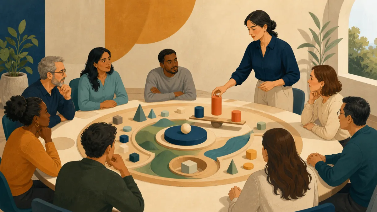 A facilitator at the edge of a discussion circle separates decision pieces, assumptions, and trade-offs