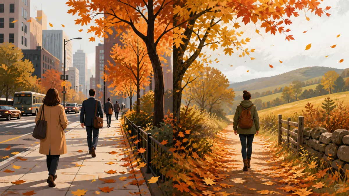 The same colorful leaf-falling season along an urban commute and a country path